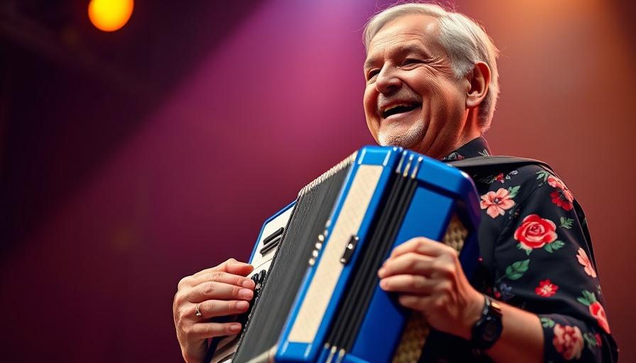 Joyful musician playing accordion, Flaco Jimenez legacy Tejano music.