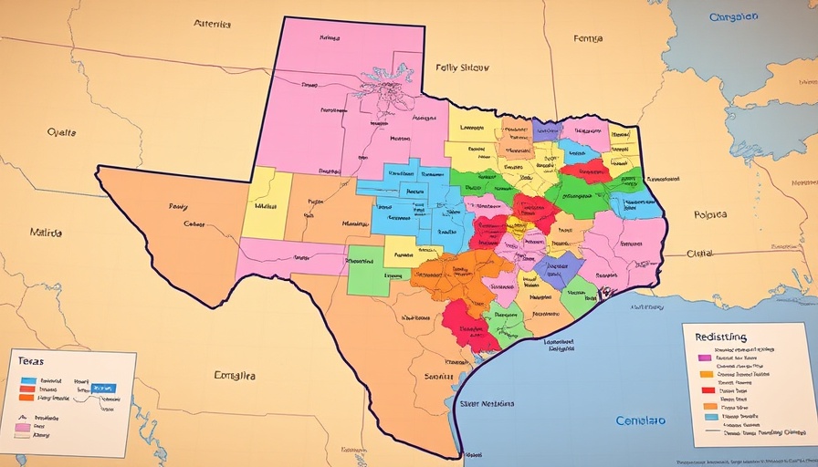 Texas redistricting map with district boundaries and labels.