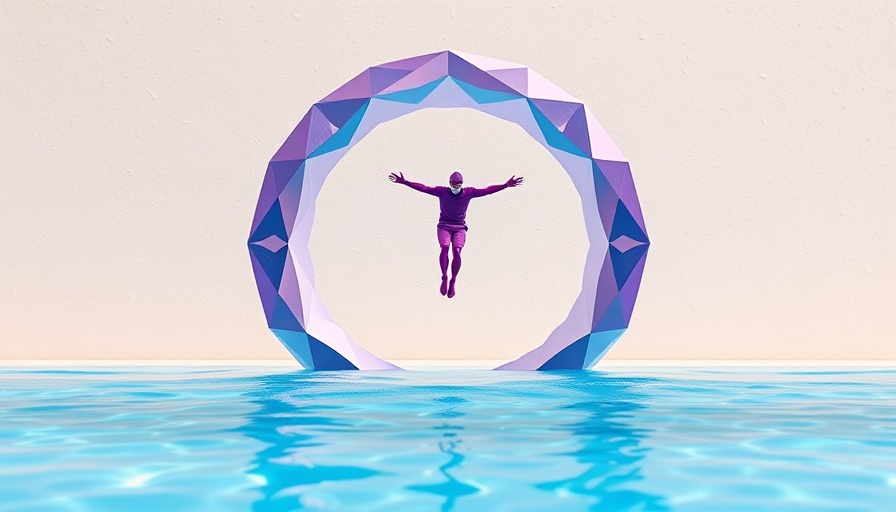 Surreal image: Purple diver leaps through ring into a pool, symbolizing life changes.