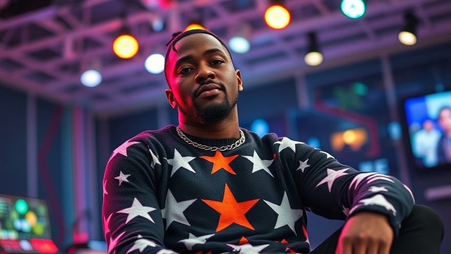 Photorealistic image of a black rap artist in a star-patterned sweater, showcasing hip hop history.