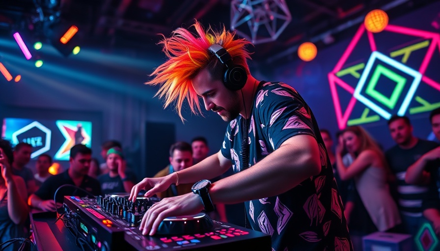 Vibrant DJ performance at Austin Pride 2025, colorful neon lights.