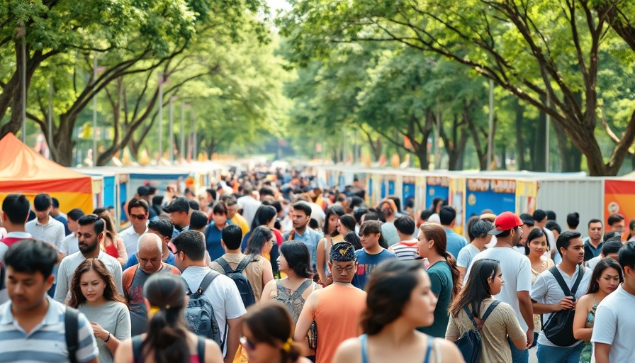 Vibrant community festival in Houston with diverse attendees enjoying free events.