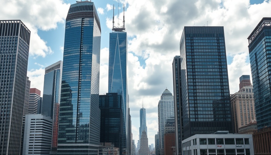 Skyline of major US city with iconic skyscrapers.