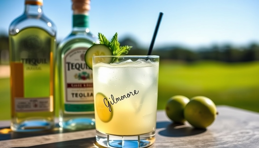 Happy Gilmore Gimlet cocktail on golf course with tequila bottle.