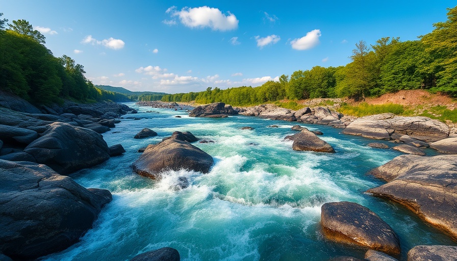 Scenic river in national park, surrounded by rocks and trees under blue sky.