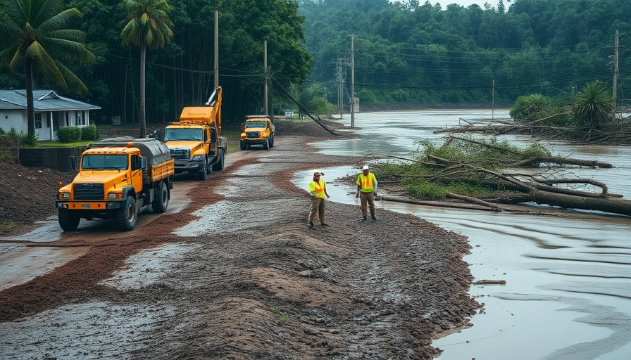 Hill Country flood recovery efforts depicted with construction vehicles and workers.