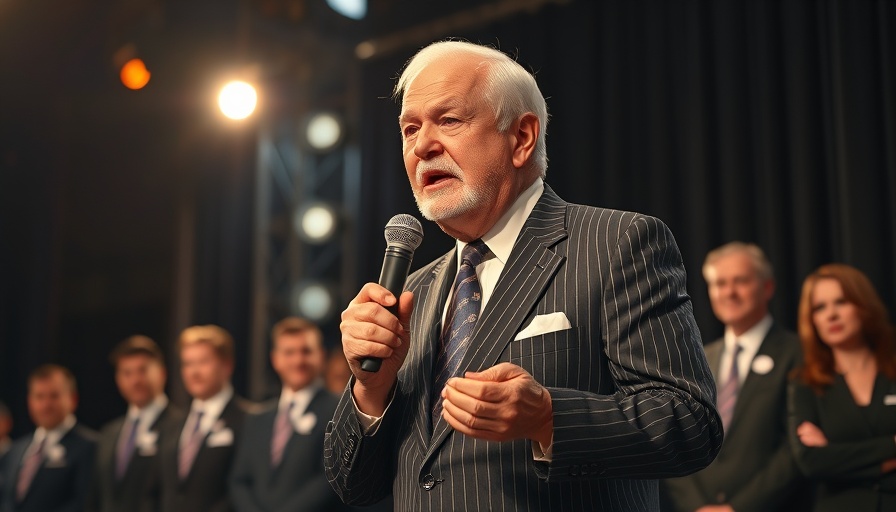 A man in a suit holding a microphone on stage with others, under bright lights.
