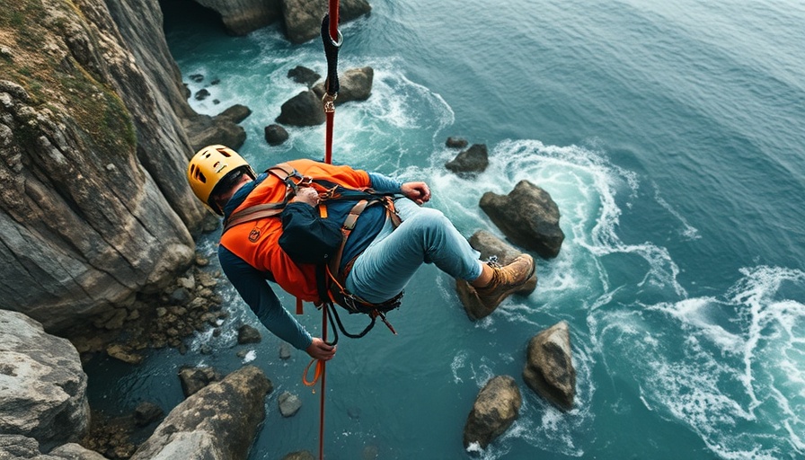 Hiker rescue by helicopter near rocky coast cliffs, aerial view.