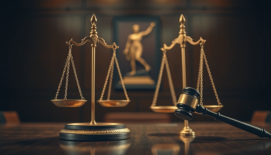 Abstract justice theme with scales and gavel in courtroom lighting.