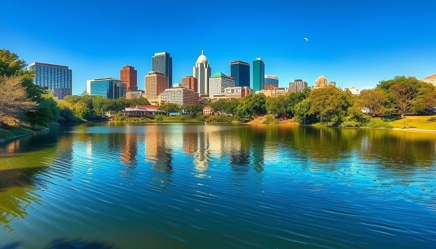 Austin skyline reflecting on Lady Bird Lake, vibrant cityscape.