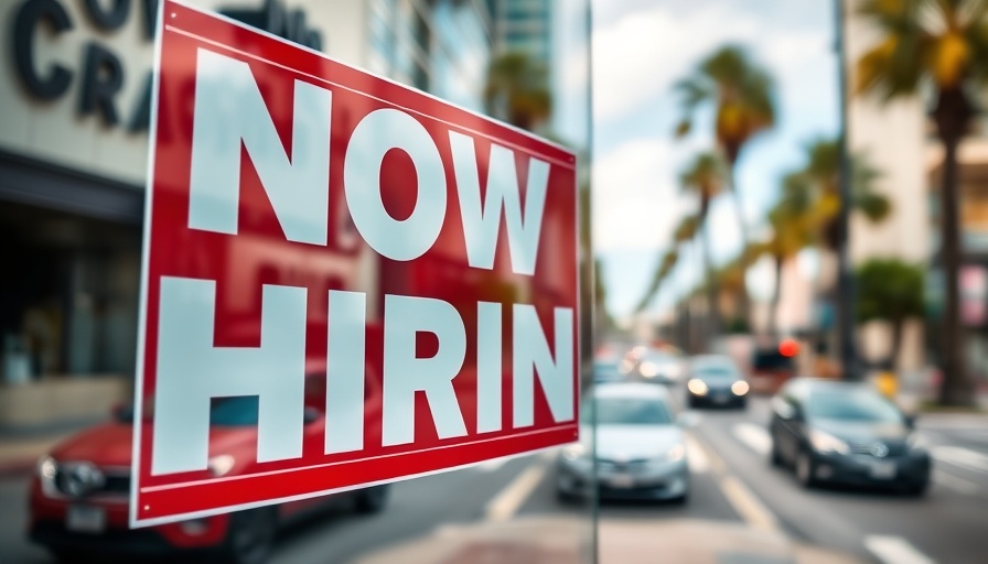 Now Hiring sign on glass, jobs revisions signal an economic shift, street view.