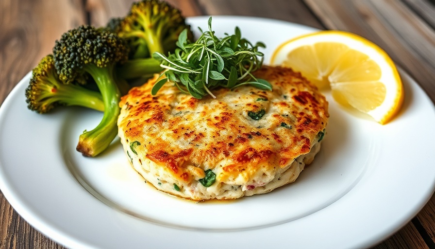 Gourmet crab cake at CraftWay Kitchen in Plano with broccolini and lemon.