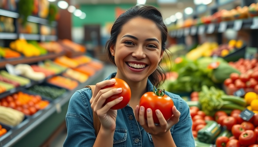 Young woman appreciating foods that make you younger looking in a grocery store.