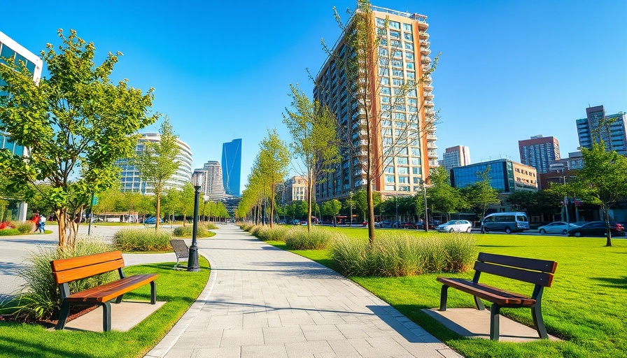 University Crossing Public Improvement District urban park setting with benches and greenery.