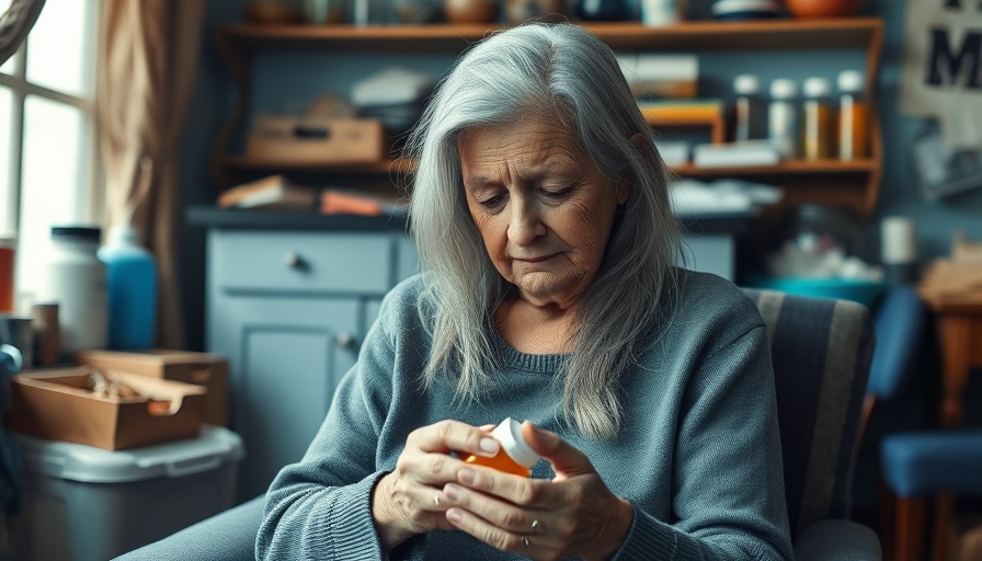 Elderly woman examining medication in a rural home, highlighting telehealth access.