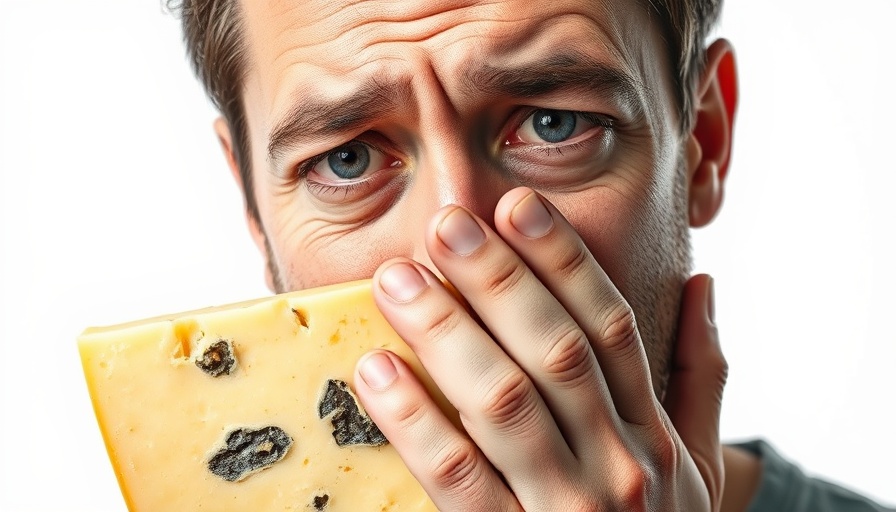 Worried man covering mouth beside moldy cheese. What Happens if You Eat Mold.