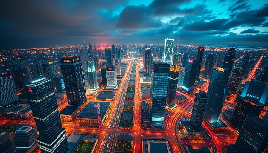 Aerial view of cityscape with modern arena at dusk.