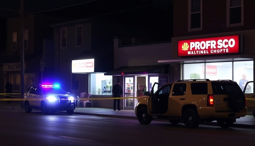 Bacliff Store Shooting scene with police vehicles and tape at night.