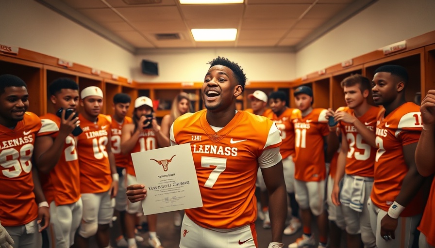 Texas Longhorns linebacker scholarship celebration in locker room.