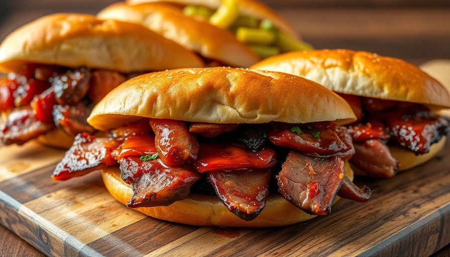 Appetizing BBQ sandwiches with brisket, pork, and chicken on a wooden board.