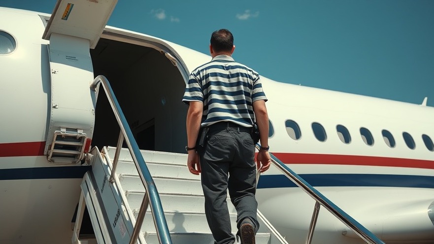Handcuffed prisoner boarding airplane, highlighting U.S. Immigration Policy and deportation.