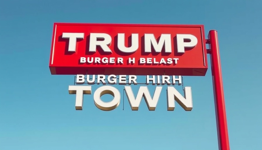 Trump Burger H-Town restaurant sign with clear sky background.
