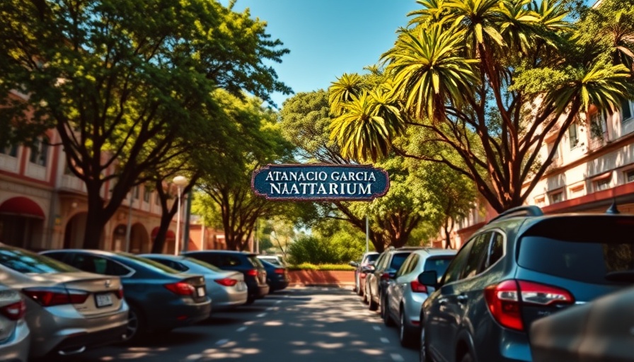 Sign for Atanacio Garcia Natatorium in San Antonio with trees and cars.