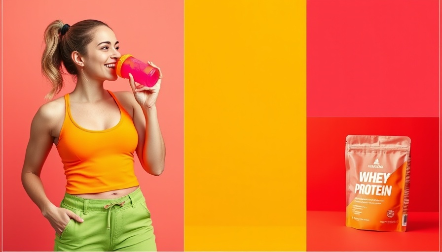 Colorful display of clear whey protein powders with a woman enjoying a shake