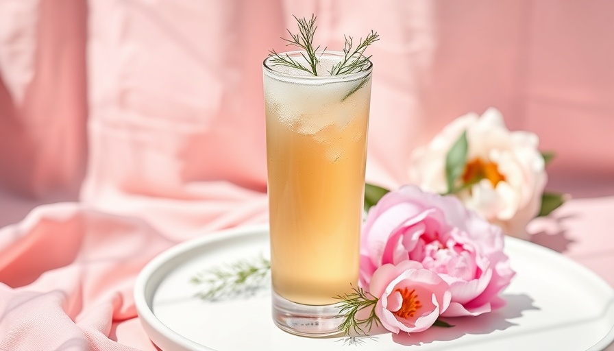 Refreshing fennel honey soda glass with dill garnish on a tray.