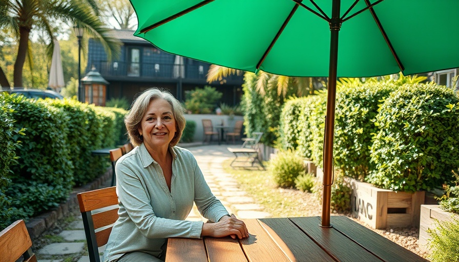 Middle-aged woman enjoying a moment of relaxation outdoors, relating to health insurance coverage.