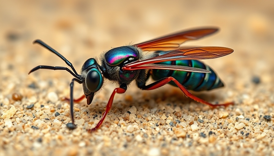 Vivid jewel wasp on sandy surface, showcasing vibrant colors.