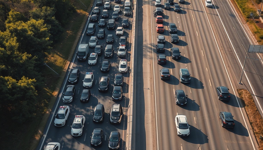 Aerial view of Gulf Freeway traffic accident with police presence.