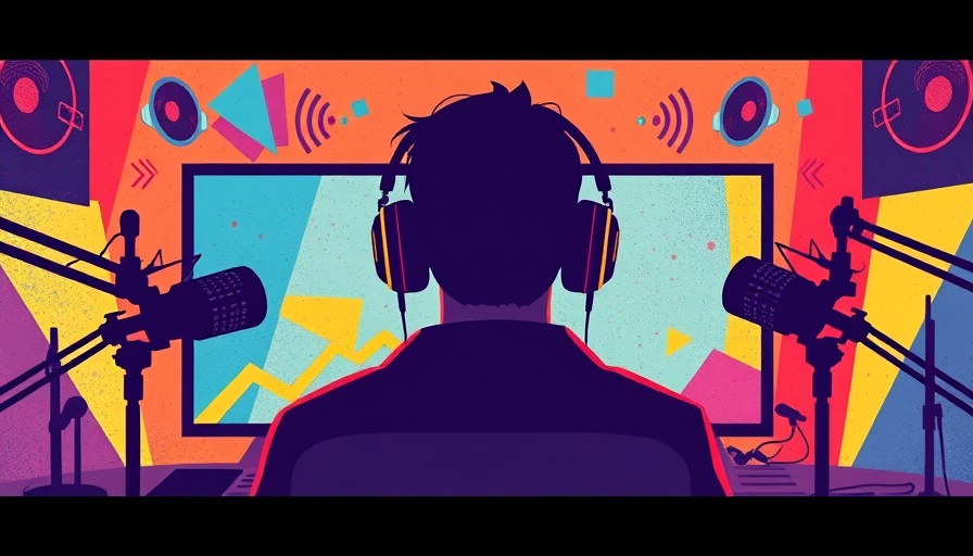 Podcast illustration with microphones and headphones in bold colors.