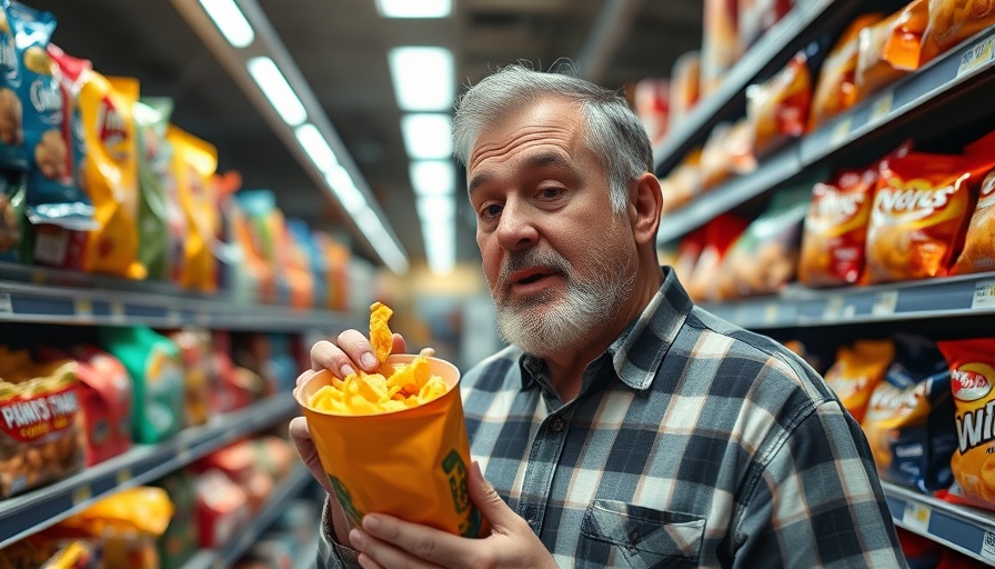 Middle-aged man in grocery aisle eating snacks, hyper palatability in food.