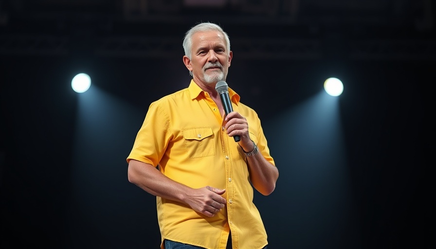 Confident man in yellow shirt on stage holding microphone