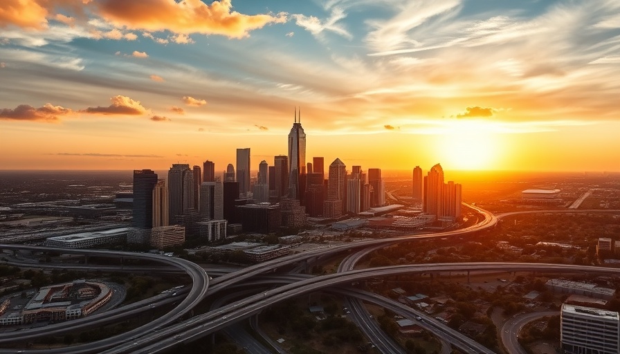 Dallas skyline at sunrise, modern business district.