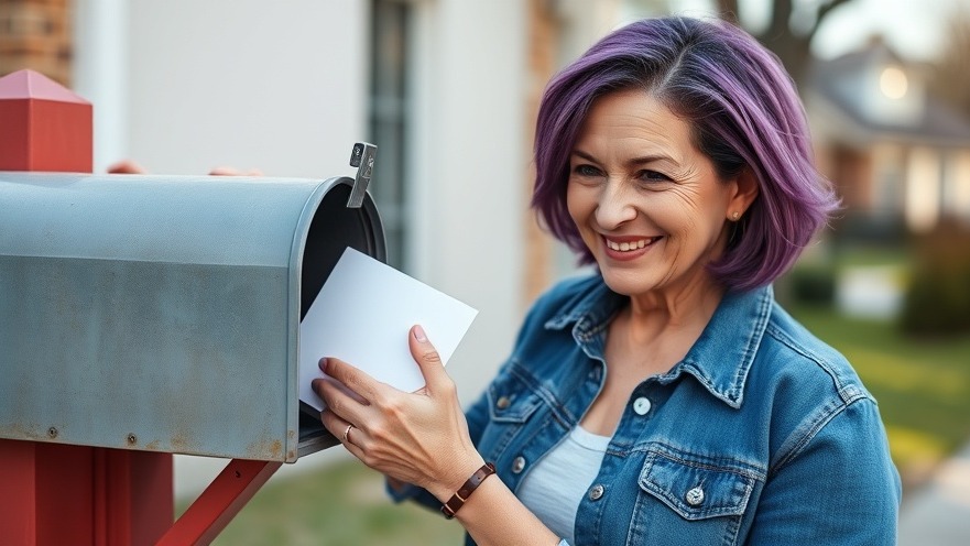 Middle-aged woman with purple hair dropping ballot in mailbox, highlighting mail-in voting regulations.