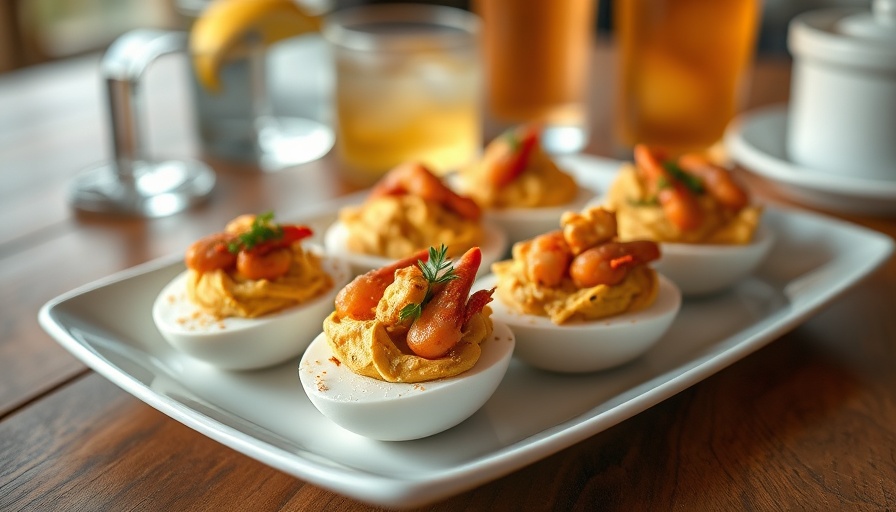 Crawfish deviled eggs elegantly presented on a white plate with garnish.