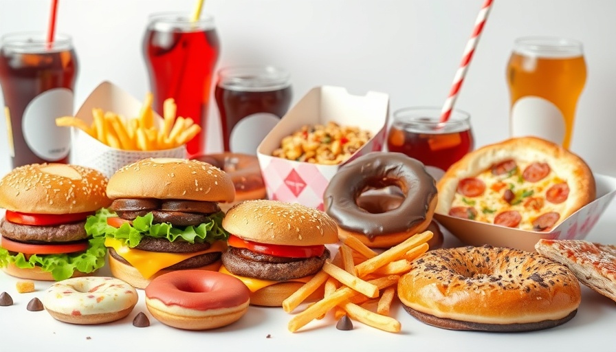 Ultraprocessed foods variety including pizza, donuts, and burgers.
