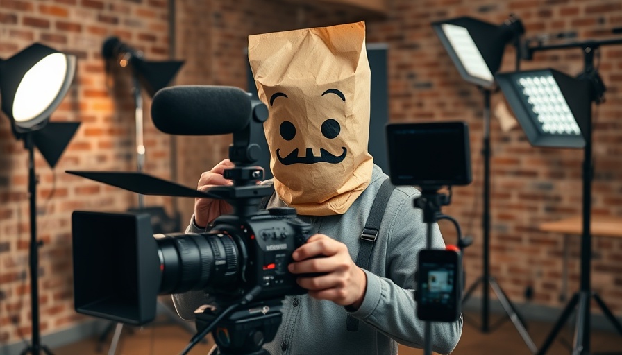 Person with paper bag on head holding camera equipment in studio, humorous.