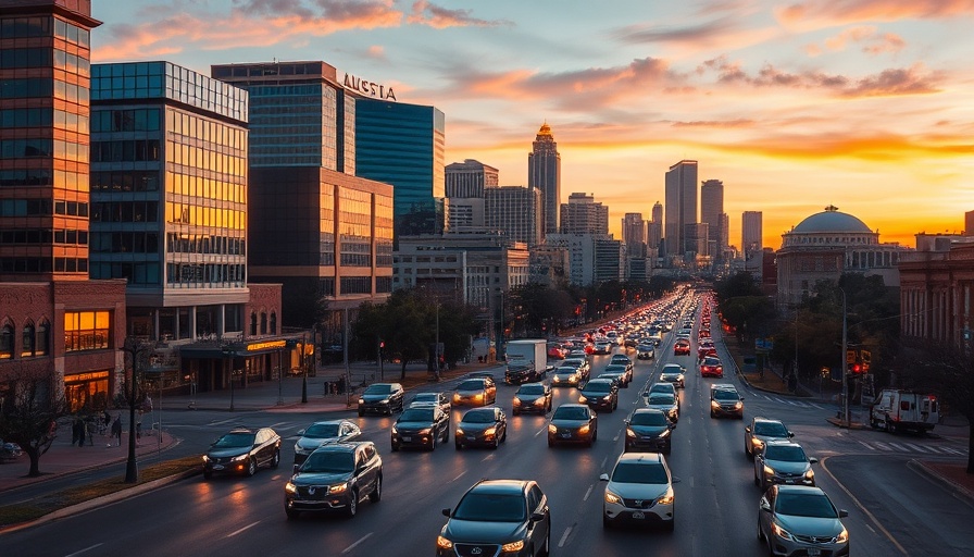 Austin TX local news cityscape with traffic and skyline.