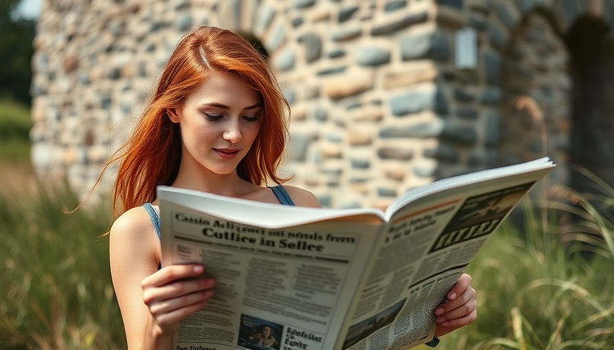 Young woman reading news articles in a tree, daytime setting.