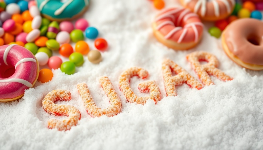 Colorful candies and donuts on sugar with 'SUGAR' written.
