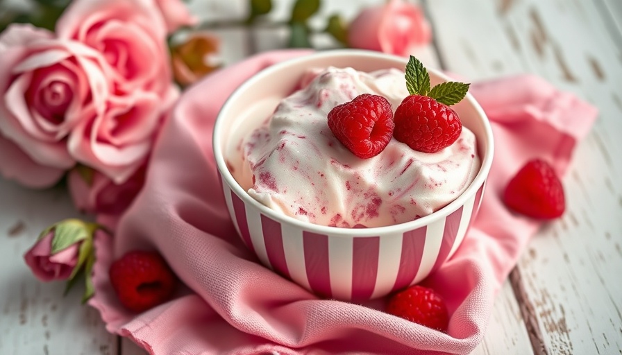 Rose Ginger Raspberry Ripple Frozen Yogurt in striped bowl with roses.