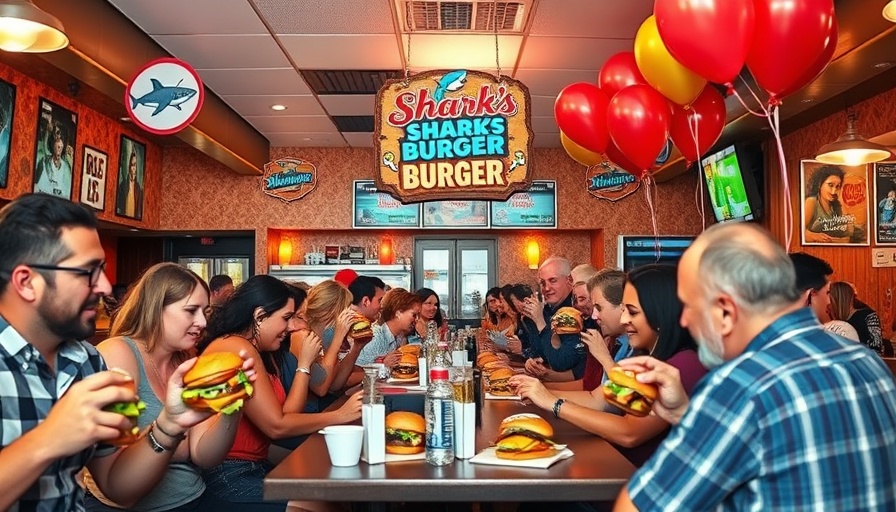 Celebration at Shark's Burger anniversary in Leander with festive decor.