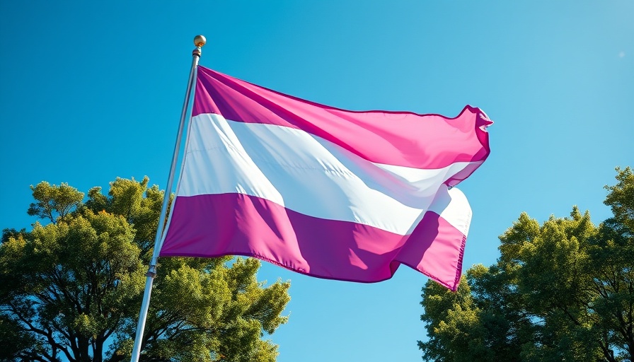 Transgender pride flag waving under a clear blue sky.