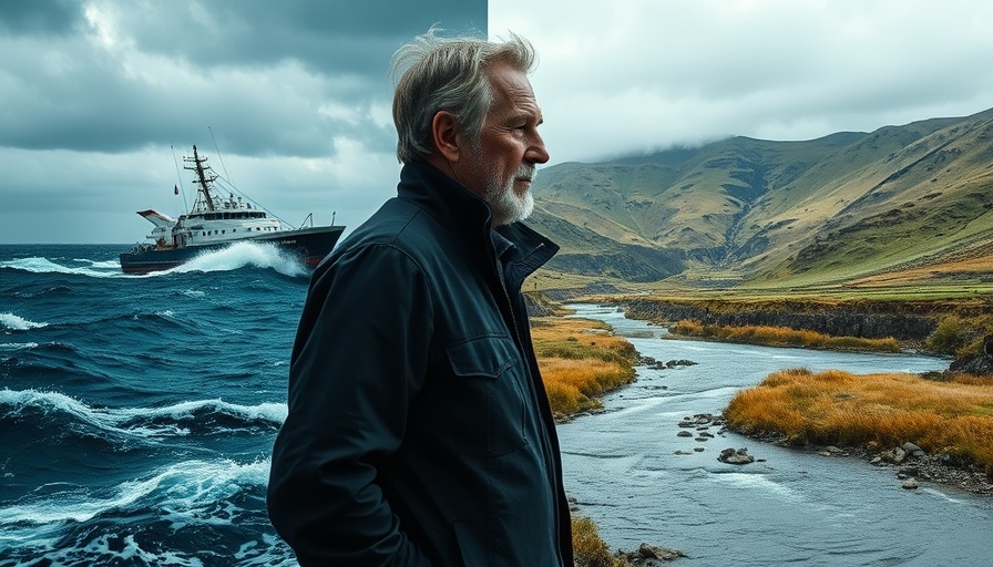 A split scene of a fishing vessel in a stormy sea and a man by a river with green hills.