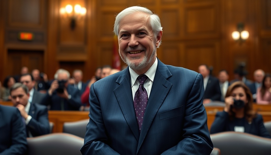 Confident man in formal suit in a hearing room for Medicare prior authorization pilot.