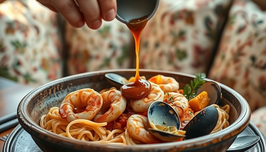 Sauce being poured onto seafood pasta during Austin Restaurant Weeks.
