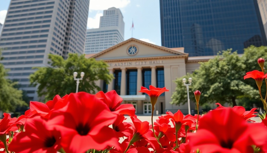Austin City Hall with red flowers, tax rate election context.
